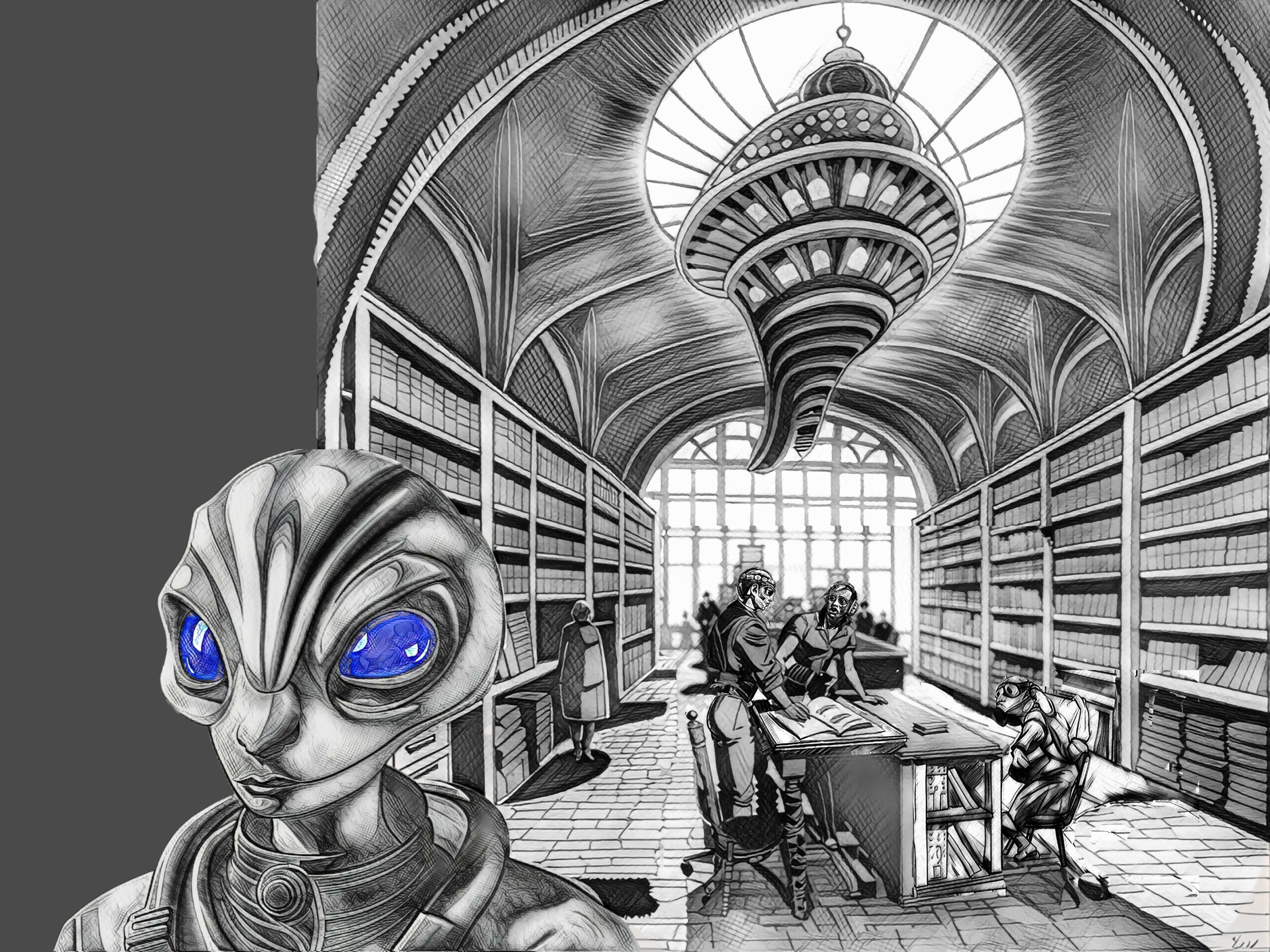 An avian grifter searches an ancient archive